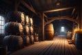 Alcohol barrel room interior. Generative AI Royalty Free Stock Photo