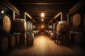 Alcohol barrel room interior. Generative AI Royalty Free Stock Photo