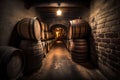 Alcohol barrel room interior. Generative AI Royalty Free Stock Photo