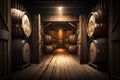 Alcohol barrel room interior. Generative AI Royalty Free Stock Photo