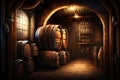 Alcohol barrel room interior. Generative AI Royalty Free Stock Photo