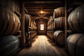 Alcohol barrel room interior. Generative AI Royalty Free Stock Photo