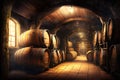 Alcohol barrel room interior. Generative AI Royalty Free Stock Photo