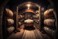 Alcohol barrel room interior. Generative AI Royalty Free Stock Photo