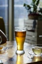 Alcohol, beer, glass, bar, table, cafe, mug, pub, drink, cold, frosty, lager, close up, copy space Royalty Free Stock Photo