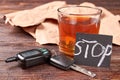 Alcohol beverage, car keys, note. Royalty Free Stock Photo