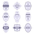 Alcohol bottle labels. Traditional alcohol labels, vintage bourbon and gin bottle emblem, bar drink packaging tags