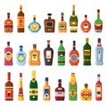 Alcohol bottles. Alcoholic liquor drink bottle with vodka, cognac and liqueur. Whisky, rum or brandy liquors isolated flat icons Royalty Free Stock Photo