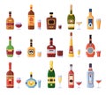 Alcohol bottles and glasses. Alcoholic bottle with cider, vermouth in glass or liqueur shot and wineglasses isolated icons vector