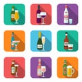 Alcohol bottles and glasses icons set