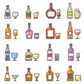 Alcohol bottles with glasses and stemware line flat icons