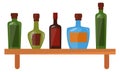 Alcohol bottles on wooden shelf. Cartoon drink storage