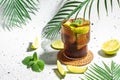 Alcohol cocktail cuba libre with rum, cola, mint and lime in the glass a light background, cookbook recipe top view Royalty Free Stock Photo