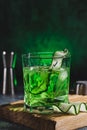 Alcohol cocktail with cucumber in whiskey glass with ice cubes. Summer spirit drink and shaker Royalty Free Stock Photo