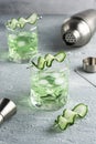 Alcohol cocktail with cucumber in whiskey glass with ice cubes. Summer spirit drink and shaker Royalty Free Stock Photo