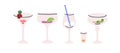 Alcohol cocktail in glasses set. Tropical summer refreshments, drinks with fruit, berry, ice cubes, straw decoration Royalty Free Stock Photo