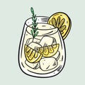 Alcohol cocktail with ice, lemon and rosemary in glass. Cartoon flat vector illustration. Isolated on soft green Royalty Free Stock Photo