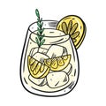 Alcohol cocktail with ice, lemon and rosemary in glass. Hand drawn flat style. Cartoon vector illustration. Isolated on Royalty Free Stock Photo