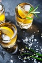 Alcohol cocktail with ice and smoking rosemary on dark table lemon Royalty Free Stock Photo