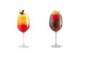 Alcohol cocktail with mint, fruit and berries on a white background. A set of two cocktails in glass goblets on a long leg Royalty Free Stock Photo