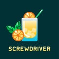 Alcohol cocktail screwdriver with decorations and name Royalty Free Stock Photo