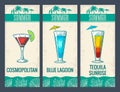 Alcohol cocktail set. Cosmopolitan, blue lagoon and tequila sunrise. Royalty Free Stock Photo