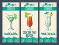 Alcohol cocktail set. Margarita, sex on the beach, pina colada.