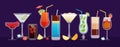 Alcohol cocktails banner with drinks in glasses, fruit and ice cubes. Bar or club tropical cocktail party. Summer Royalty Free Stock Photo