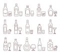 Alcohol drink beverages outline icons, bottles and glasses thin line symbols Royalty Free Stock Photo