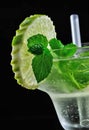 Alcohol drink, cocktail with mint, lemon, strows, isolated black Royalty Free Stock Photo