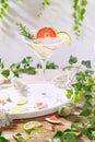 Alcohol drink, gin tonic cocktail with grapefruit, cucumber, rosemary, lime, refreshing, cold drinks with ice on a rustic table. Royalty Free Stock Photo