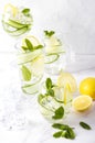 Alcohol drink gin tonic cocktail in a variety of glasses with lemon, cucumber, mint leaves and ice. Iced drink with lemon Royalty Free Stock Photo