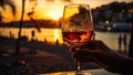 Alcohol drink on a sunset. Cold orange cocktails romantic beach bar. Generative AI Royalty Free Stock Photo