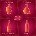 Alcohol Drinks.Bar Menu. Set of Hand-Drawn Bottles in Golden Frames isolated on Red. Glass Bottles with Cognac, Vodka, Champagne