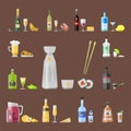 Alcohol drinks beverages cocktail appetizer bottle lager container drunk different snacks glasses vector illustration.