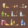 Alcohol drinks beverages cocktail appetizer bottle lager container drunk different snacks glasses vector illustration.