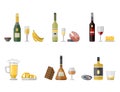 Alcohol drinks beverages cocktail appetizer bottle lager container drunk different snacks glasses vector illustration.