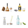 Alcohol drinks beverages cocktail appetizer bottle lager container drunk different snacks glasses vector illustration.