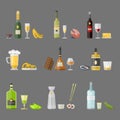 Alcohol drinks beverages cocktail appetizer bottle lager container drunk different snacks glasses vector illustration.