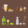 Alcohol drinks beverages cocktail appetizer bottle lager container drunk different snacks glasses vector illustration.