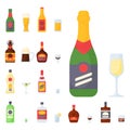 Alcohol drinks beverages cocktail bottle lager container drunk different glasses vector illustration.