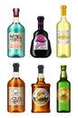 Alcohol drinks in a bottle with different vintage labels. Realistic Absent Liqueur Tequila Wine Whiskey Beer Rum. Vector Royalty Free Stock Photo