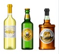 Alcohol drinks in a bottle with different vintage labels. Realistic Wine Whiskey Beer. Vector illustration for the menu