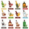 Alcohol drinks bottles and cocktails glasses vector flat icons Royalty Free Stock Photo