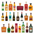 Alcohol drinks in bottles. Flat whiskey, liquor, beer in glass bottle. Cartoon bar cocktail beverages, rum, wine and Royalty Free Stock Photo