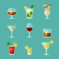 Alcohol drinks and cocktails icon set in flat Royalty Free Stock Photo