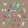 Alcohol drinks and cocktails icon set in pixel art style. Royalty Free Stock Photo