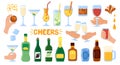Alcohol drinks collection. Alcoholic bottles and glasses. Alcohol cocktail drinks, wine, champagne, beer, martini Royalty Free Stock Photo