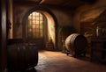 Alcohol drinks dark cellar room. Wooden barrells winery room. Generative AI