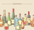Alcohol Drinks Flasks, Seamless Pattern with Doodle Bottles of Various Shapes Vodka, Rum, Beer, Whiskey Sketch Frame